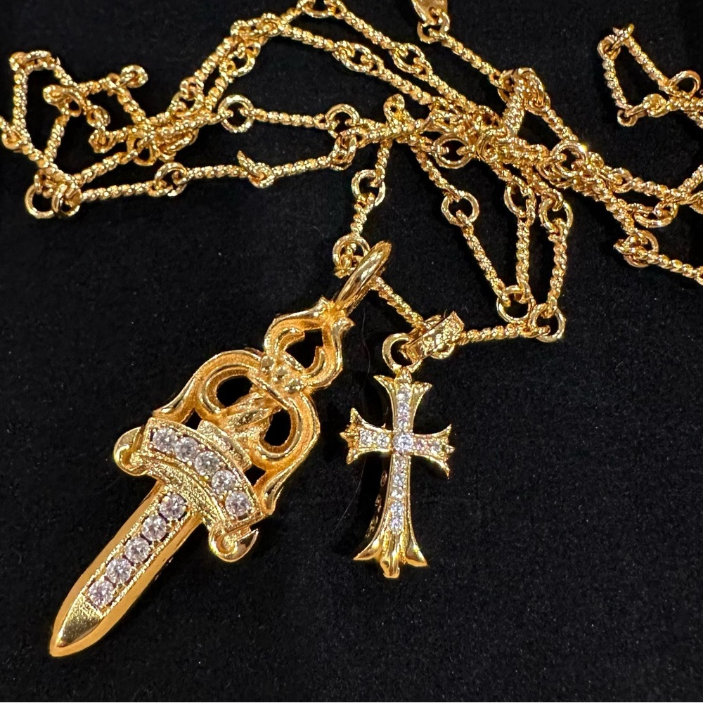 Gold Pendant Necklace with Cross and Sword Charms